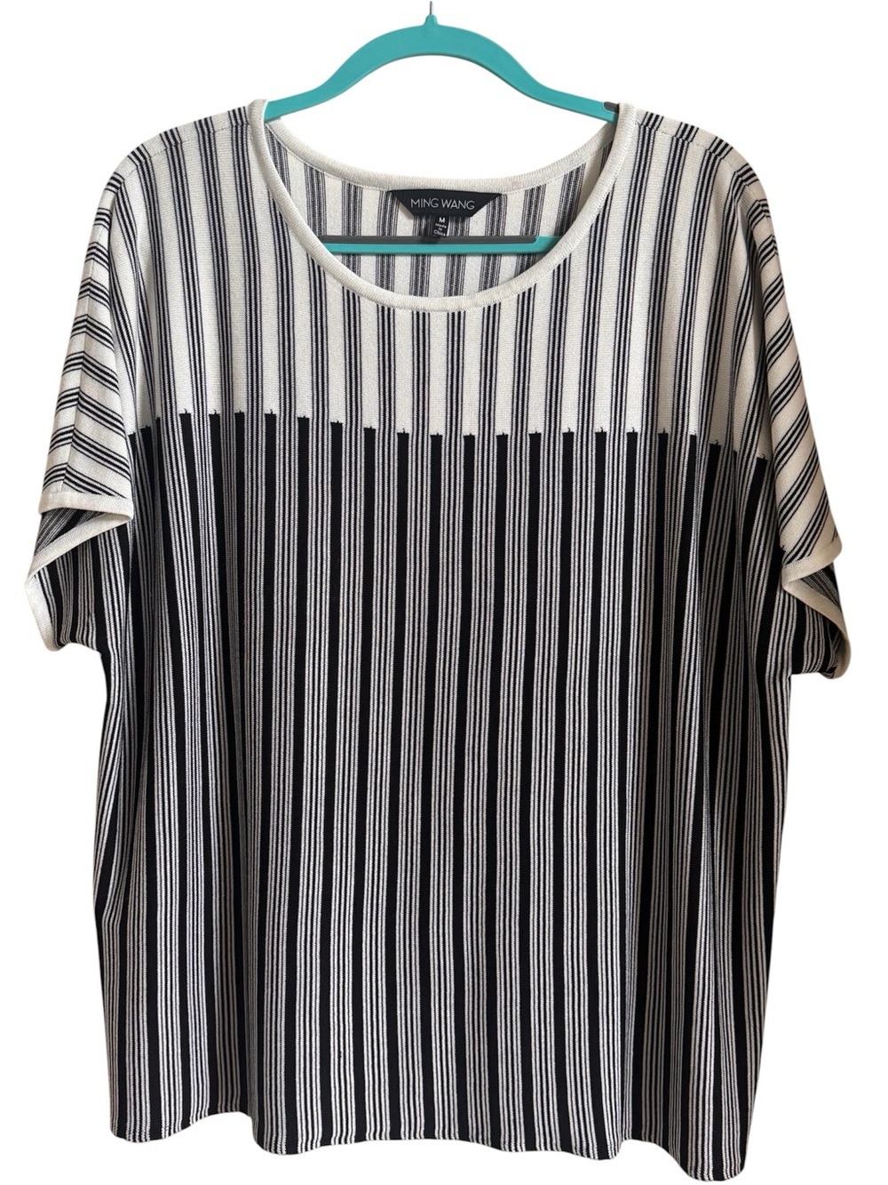 Ming Wang Black and White Vertical Stripe Short Sleeve Top